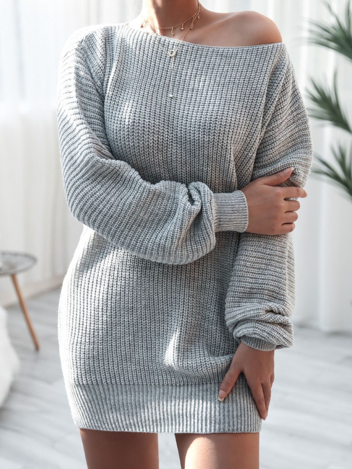 Rib - Knit Balloon Sleeve Boat Neck Sweater Dress - Dress - Gray - Bella Bourget