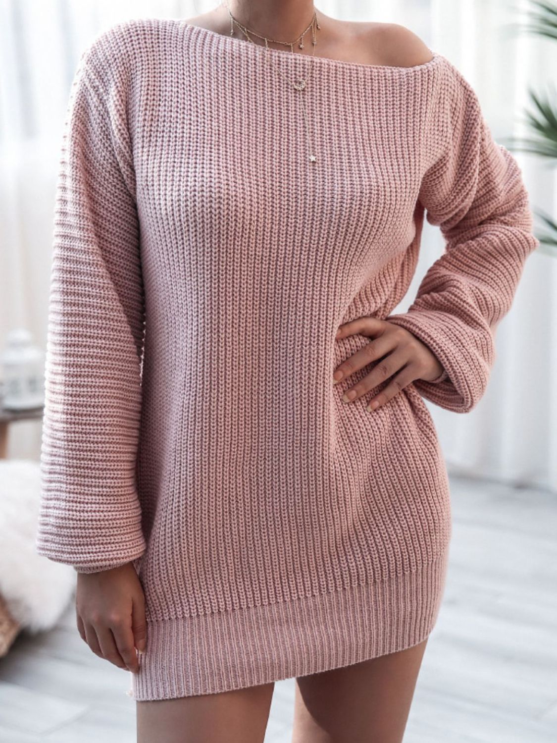 Rib - Knit Balloon Sleeve Boat Neck Sweater Dress - Dress - Mauve - Bella Bourget