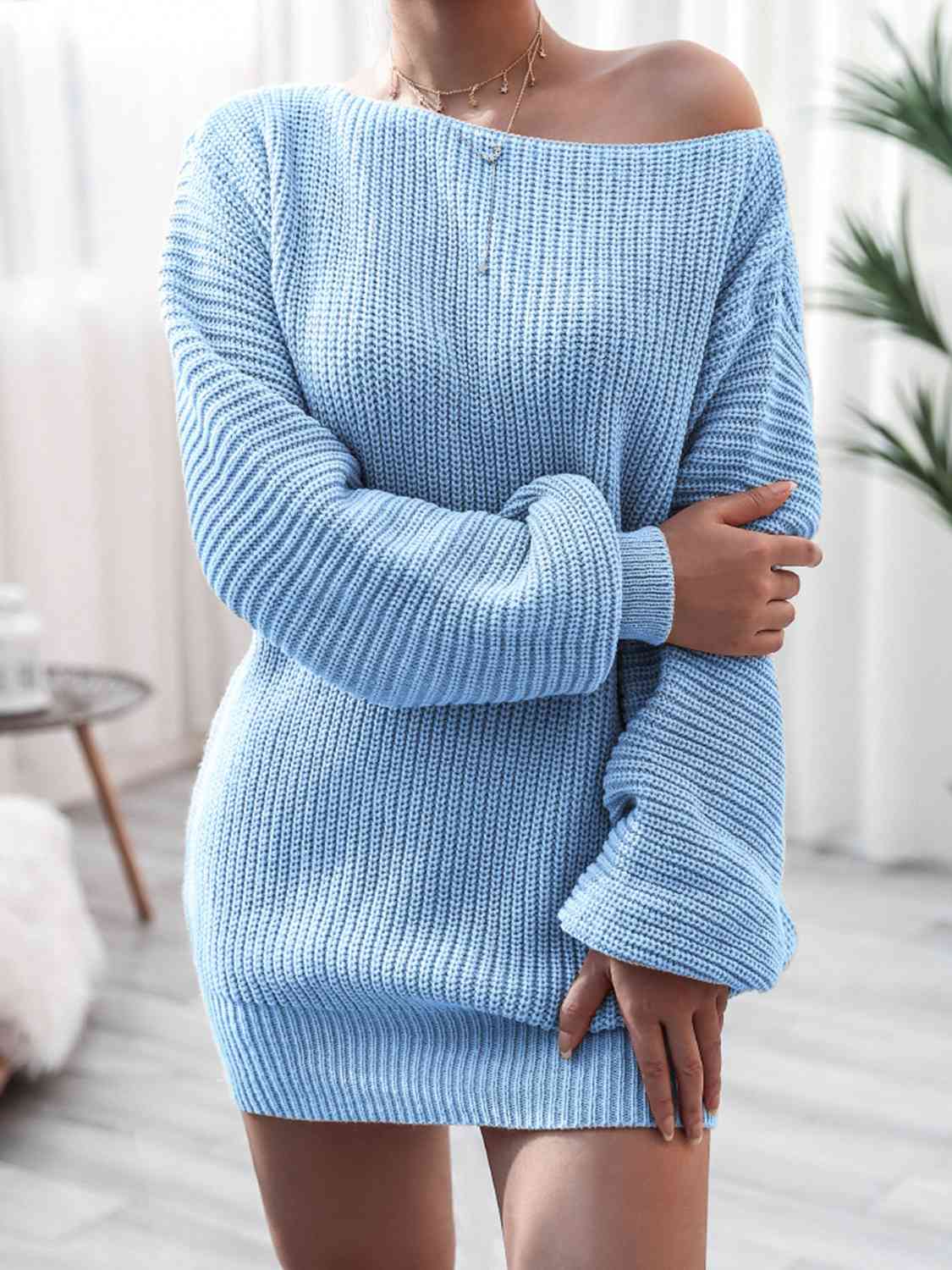 Rib - Knit Mini Sweater Dress - Sweater Dress - Pastel Blue - Bella Bourget