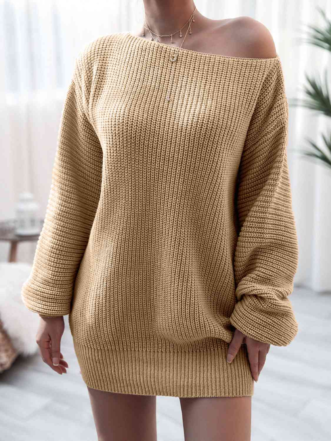 Rib - Knit Mini Sweater Dress - Sweater Dress - Khaki - Bella Bourget