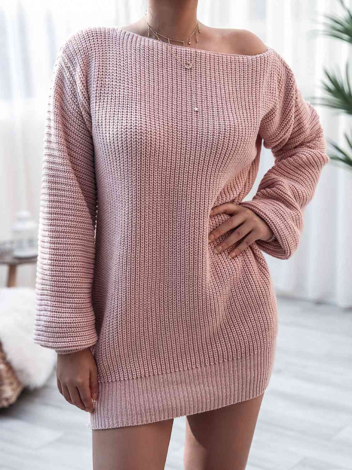 Rib - Knit Mini Sweater Dress - Sweater Dress - Dusty Pink - Bella Bourget