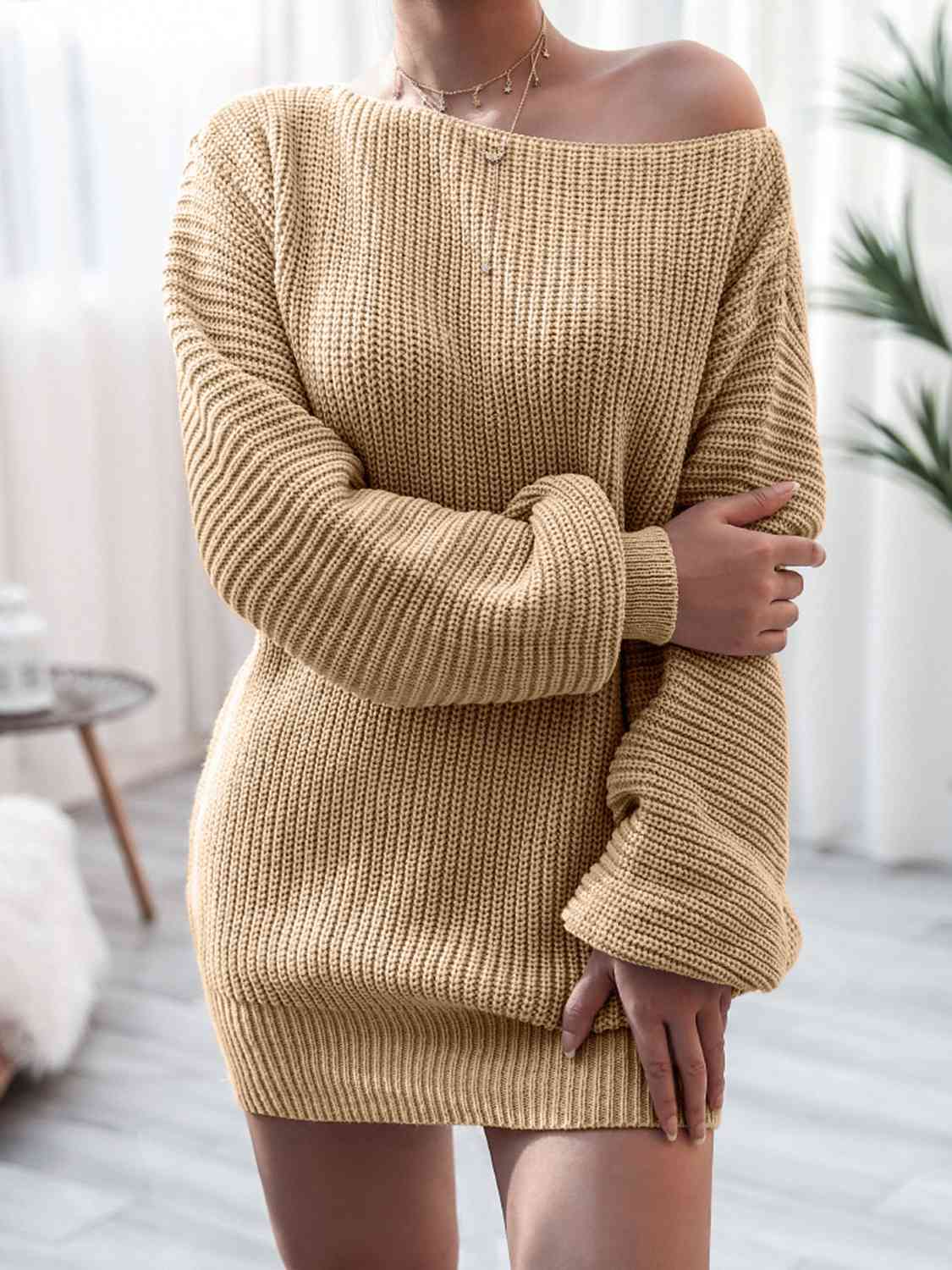 Rib - Knit Mini Sweater Dress - Sweater Dress - Khaki - Bella Bourget