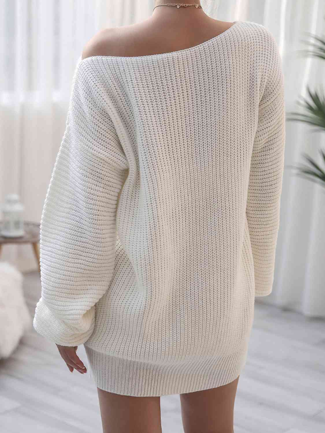 Rib - Knit Mini Sweater Dress - Sweater Dress - White - Bella Bourget