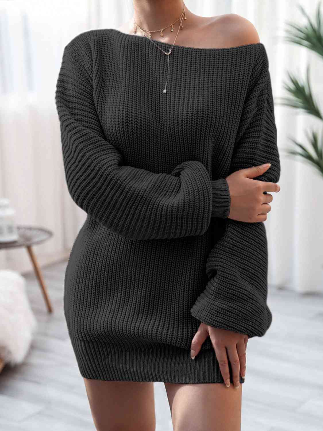 Rib - Knit Mini Sweater Dress - Sweater Dress - Black - Bella Bourget