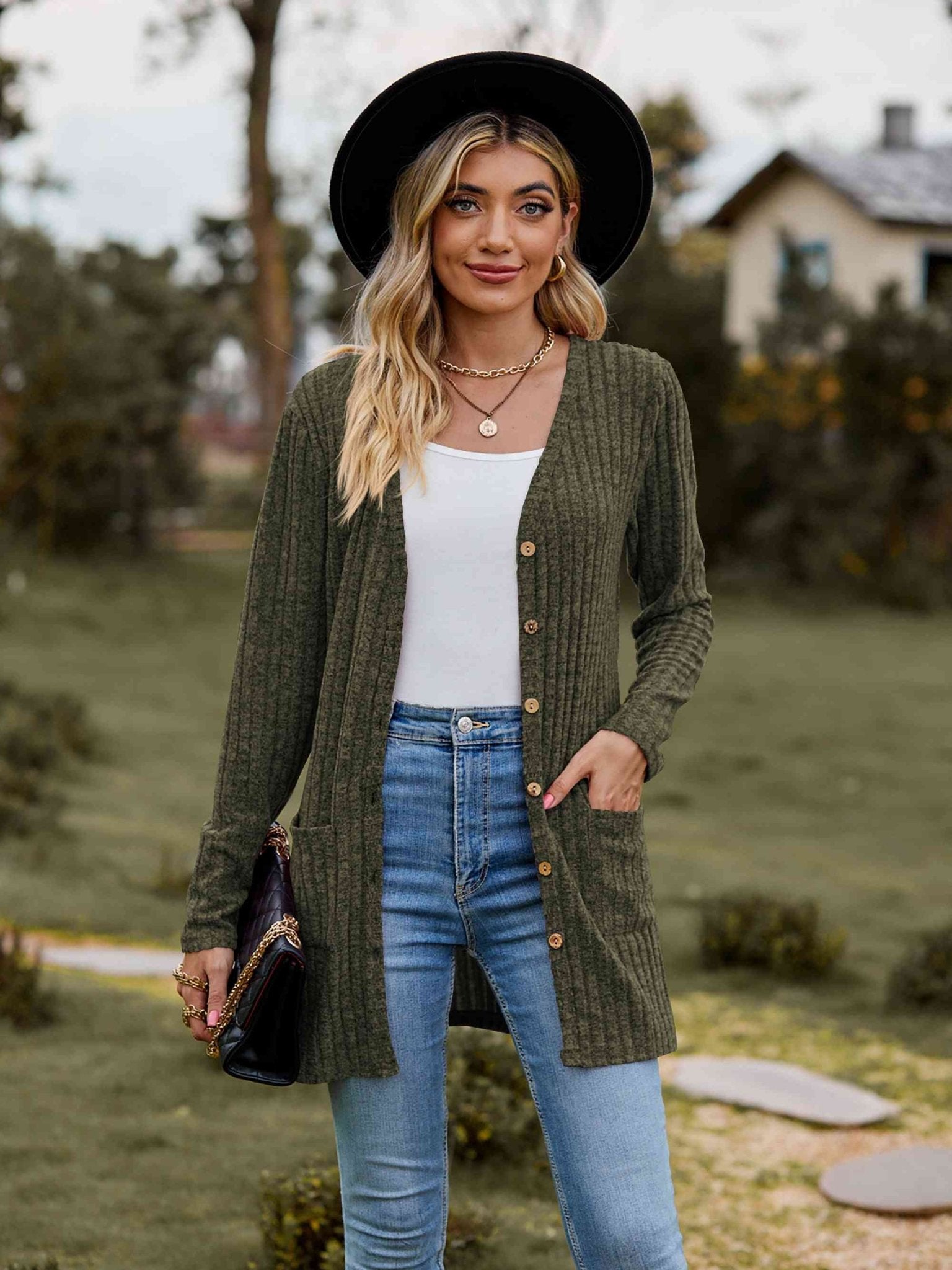 Ribbed Button - Up Cardigan with Pockets - Cardigan - Army Green - Bella Bourget