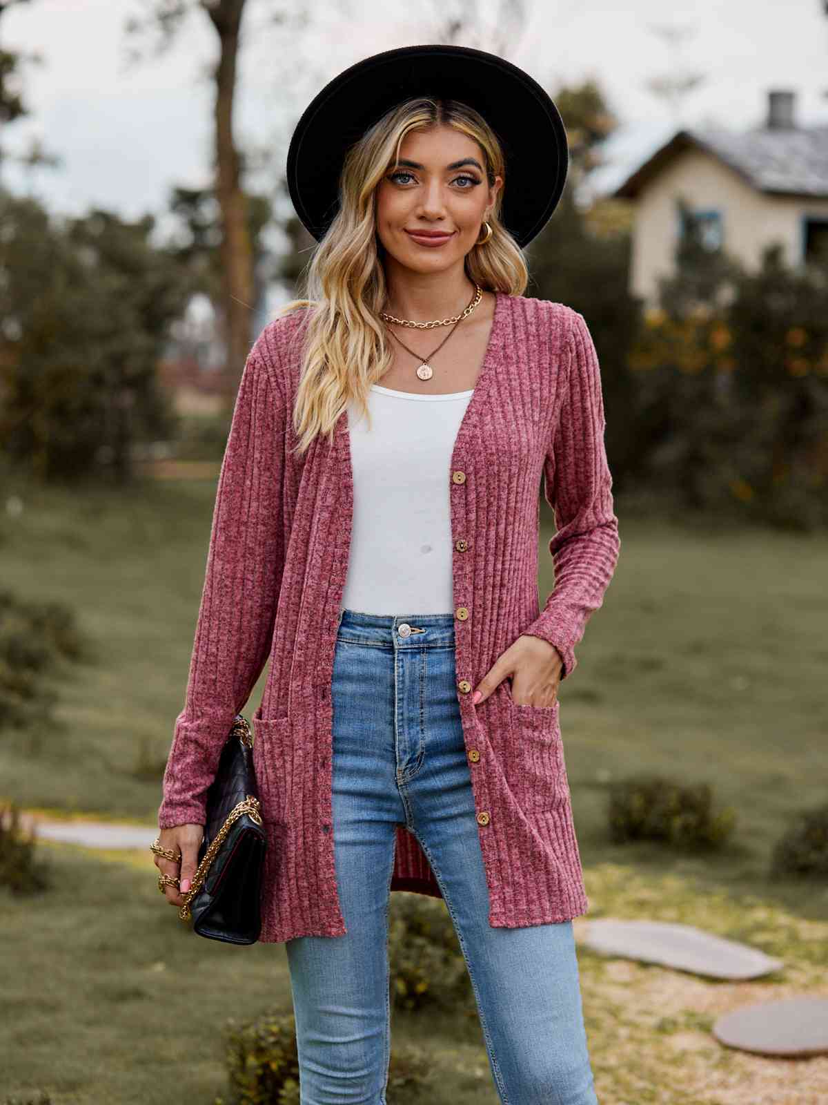 Ribbed Button - Up Cardigan with Pockets - Cardigan - Deep Rose - Bella Bourget