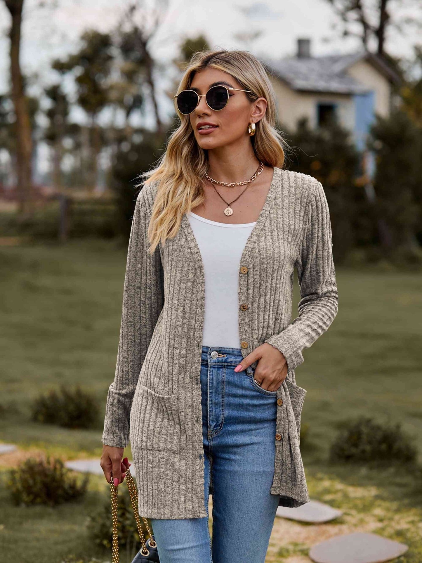 Ribbed Button - Up Cardigan with Pockets - Cardigan - Khaki - Bella Bourget