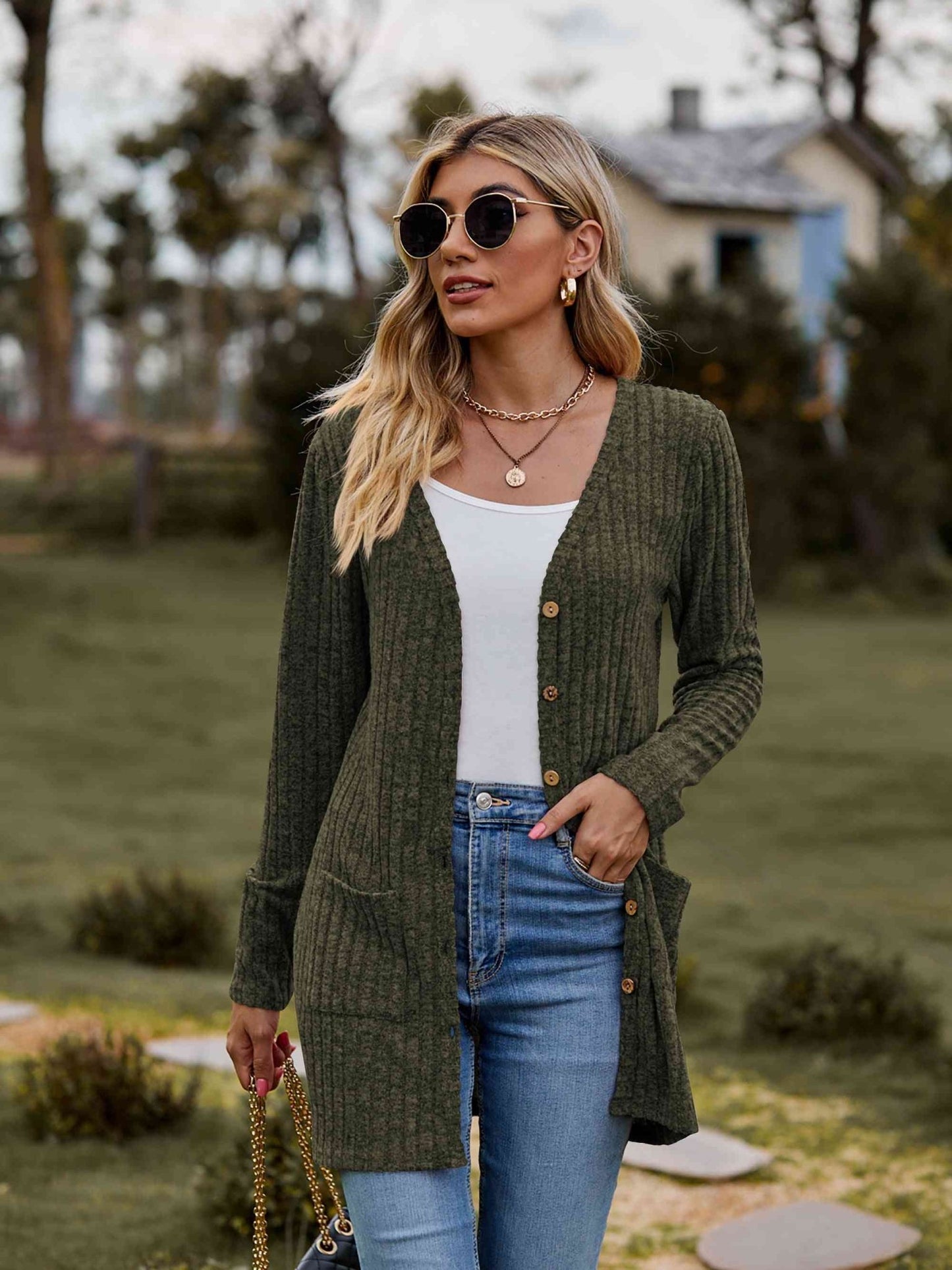 Ribbed Button - Up Cardigan with Pockets - Cardigan - Army Green - Bella Bourget