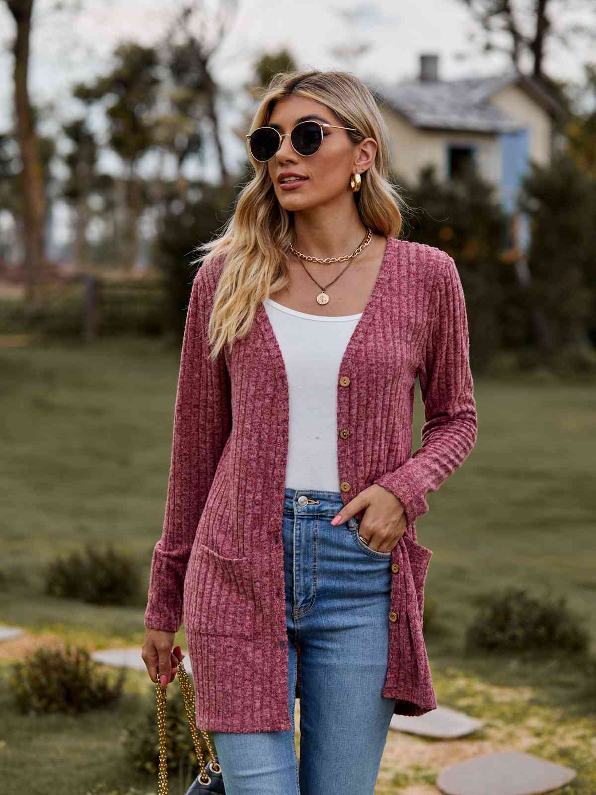 Ribbed Button - Up Cardigan with Pockets - Cardigan - Deep Rose - Bella Bourget