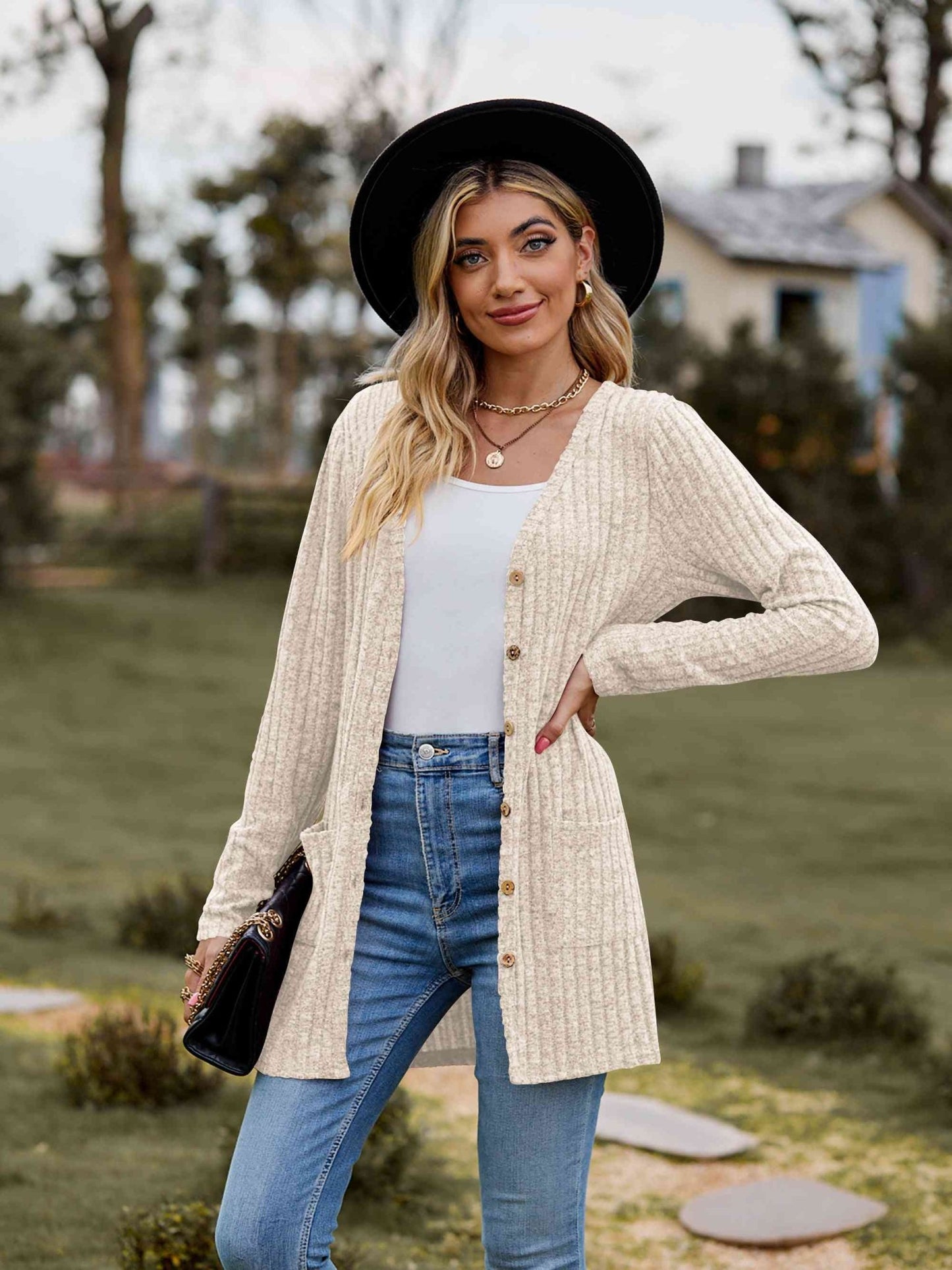 Ribbed Button - Up Cardigan with Pockets - Cardigan - Beige - Bella Bourget