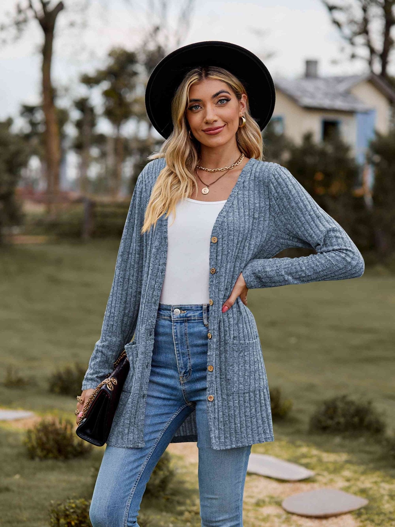 Ribbed Button - Up Cardigan with Pockets - Cardigan - Dusty Blue - Bella Bourget