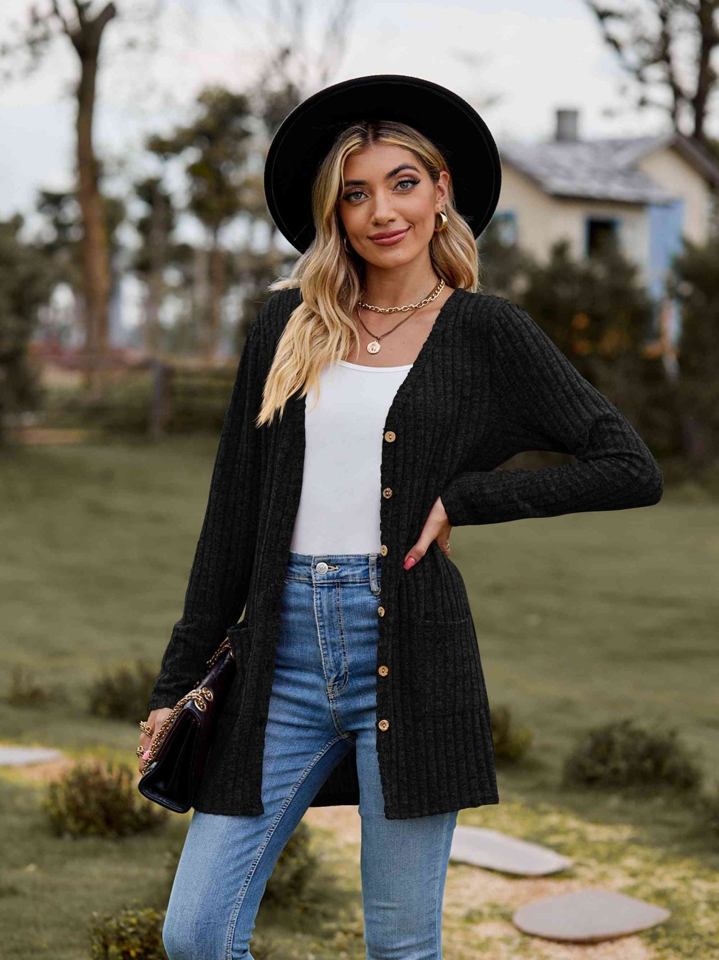 Ribbed Button - Up Cardigan with Pockets - Cardigan - Black - Bella Bourget