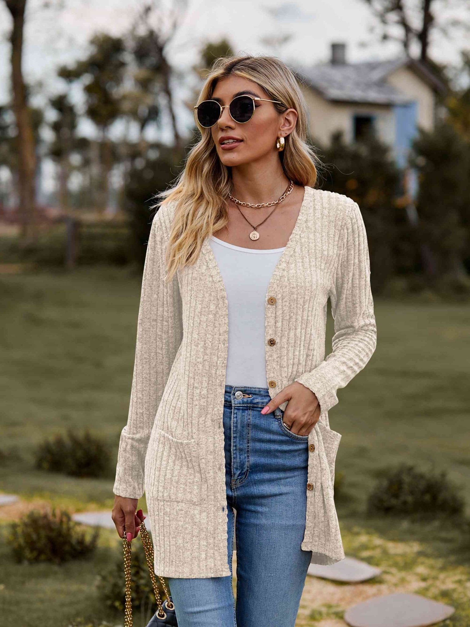 Ribbed Button - Up Cardigan with Pockets - Cardigan - Beige - Bella Bourget