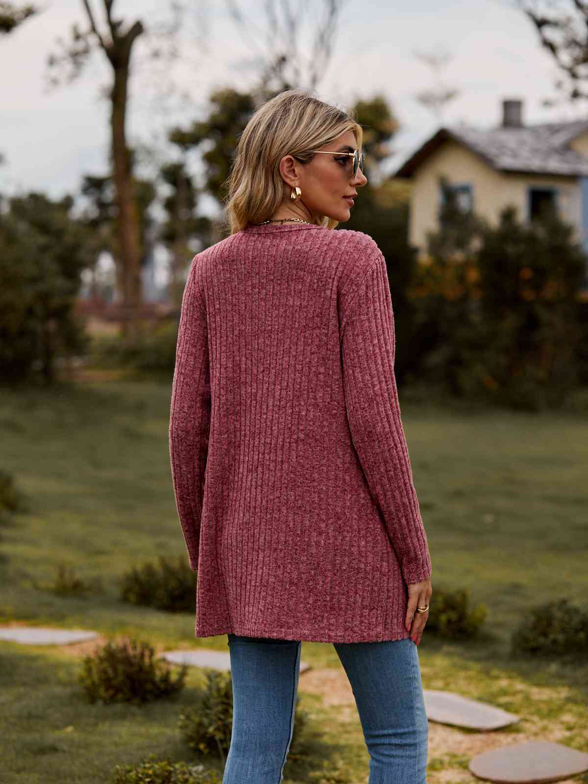 Ribbed Button - Up Cardigan with Pockets - Cardigan - Deep Rose - Bella Bourget