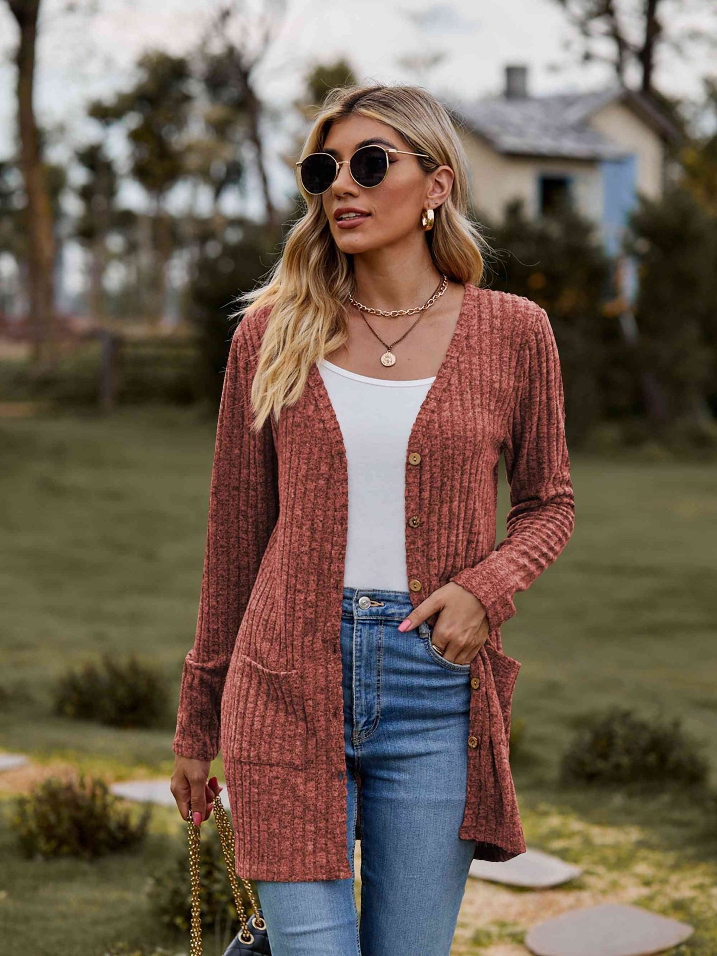 Ribbed Button - Up Cardigan with Pockets - Cardigan - Brick Red - Bella Bourget