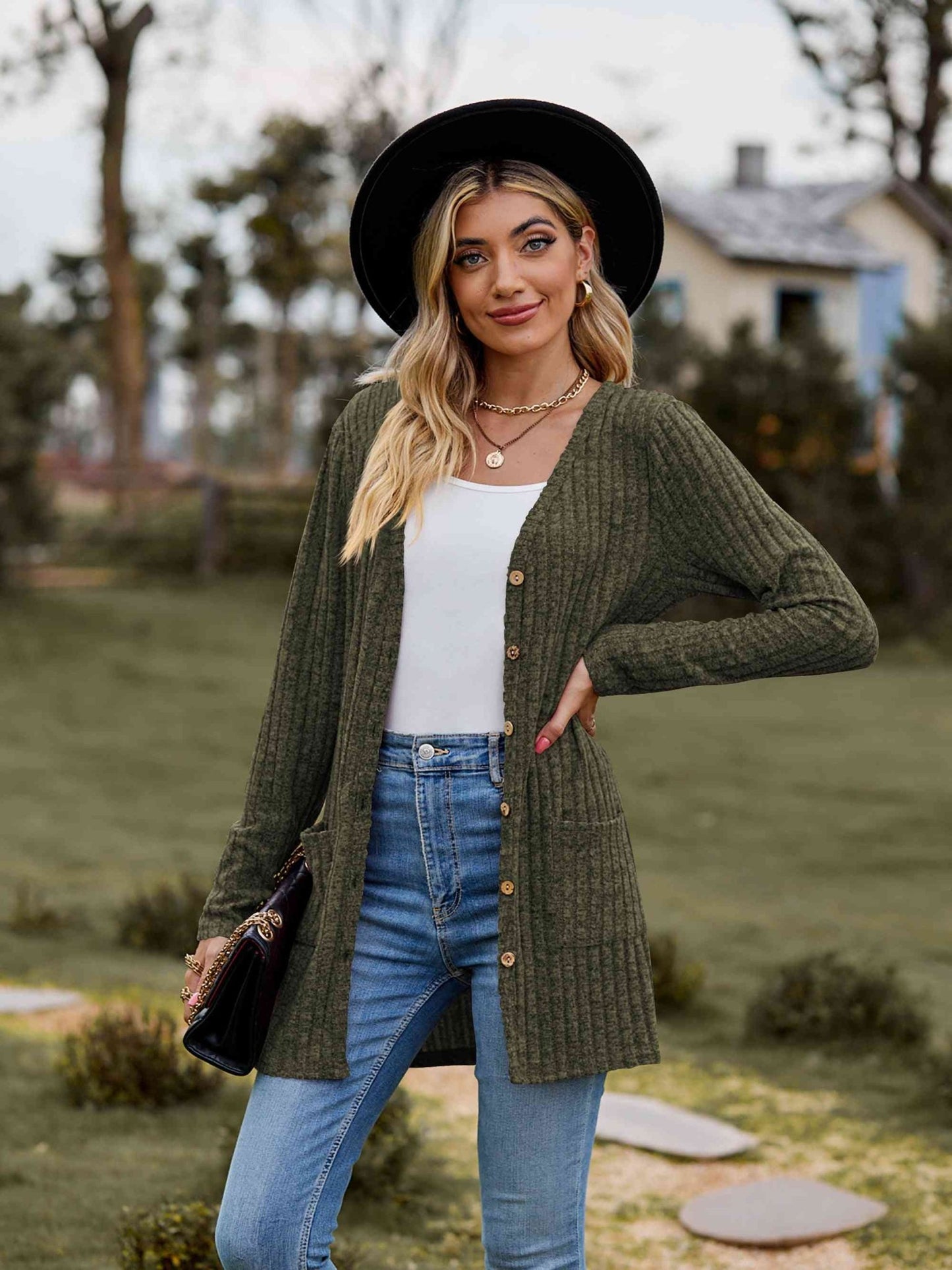 Ribbed Button - Up Cardigan with Pockets - Cardigan - Army Green - Bella Bourget