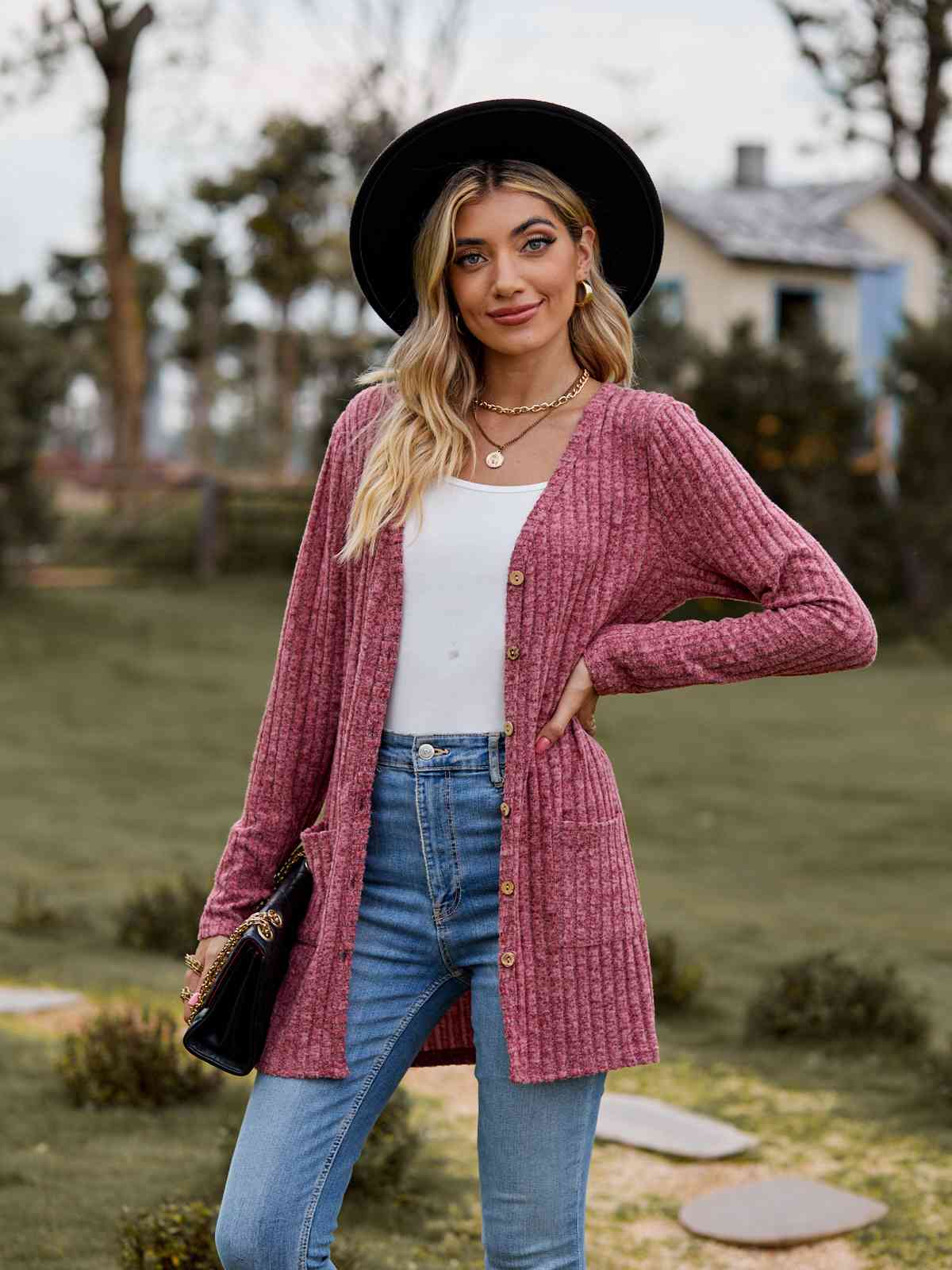 Ribbed Button - Up Cardigan with Pockets - Cardigan - Deep Rose - Bella Bourget