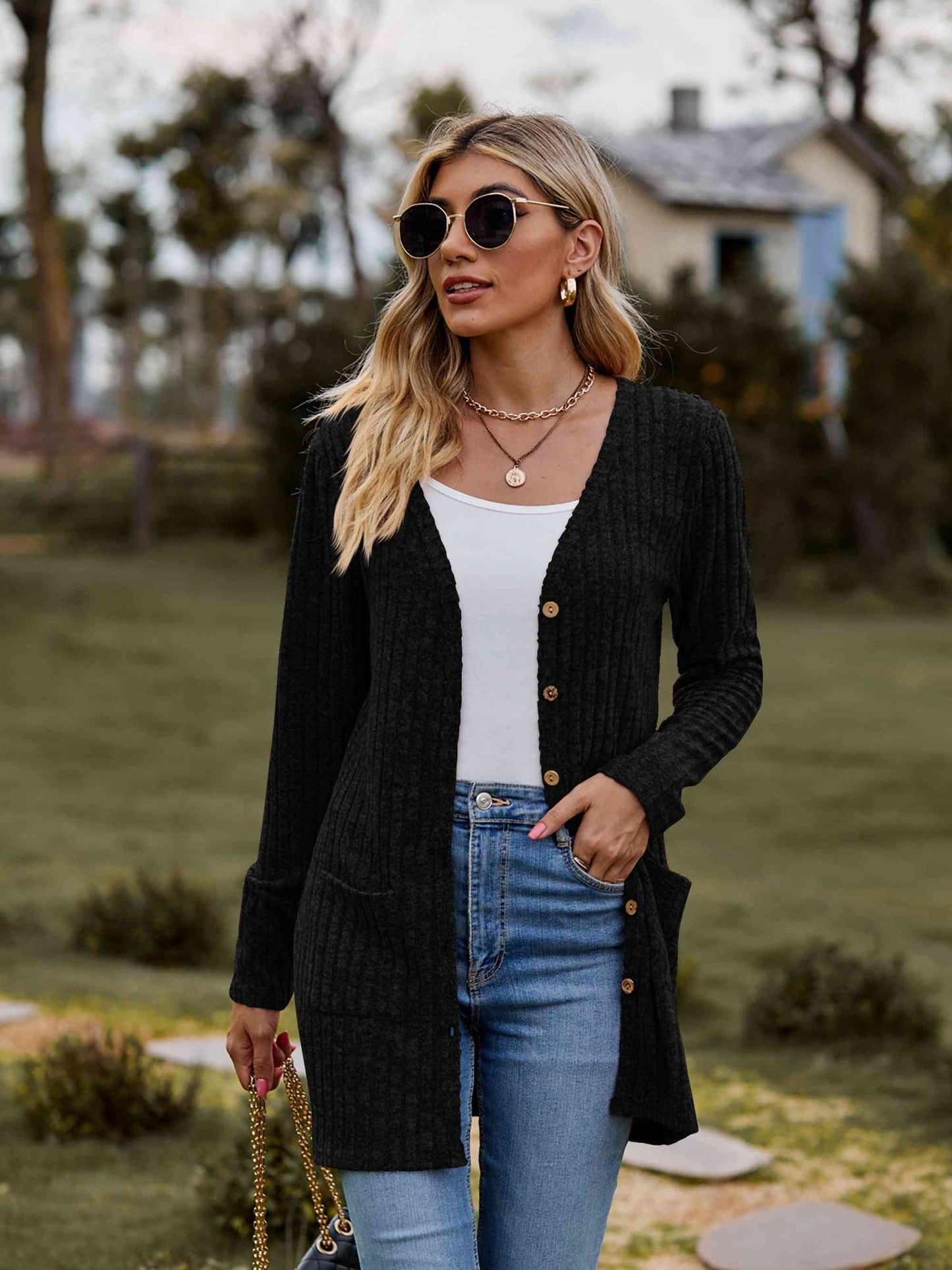 Ribbed Button - Up Cardigan with Pockets - Cardigan - Black - Bella Bourget