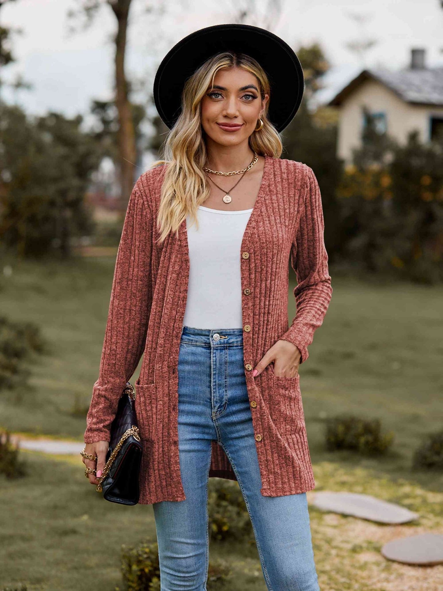 Ribbed Button - Up Cardigan with Pockets - Cardigan - Brick Red - Bella Bourget