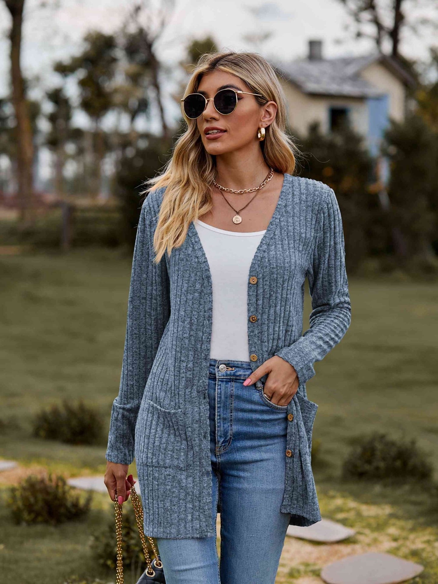 Ribbed Button - Up Cardigan with Pockets - Cardigan - Dusty Blue - Bella Bourget