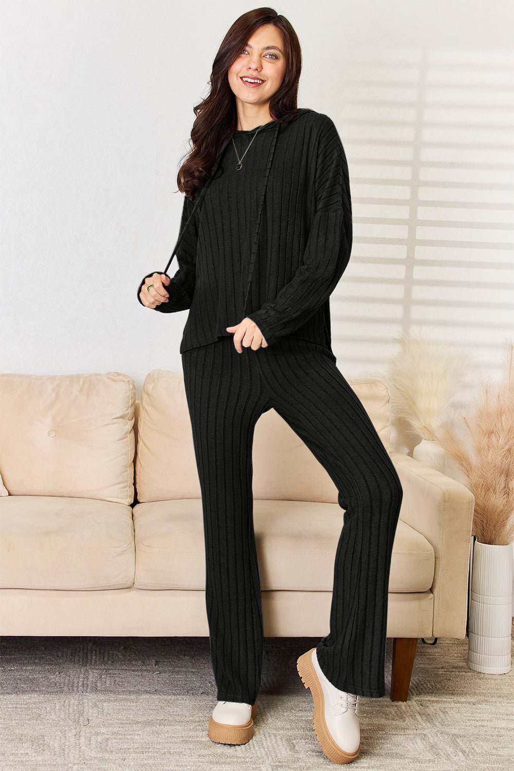 Ribbed Drawstring Hood Top and Straight Pants Set (All Sizes) - Lounge set - Black - Bella Bourget