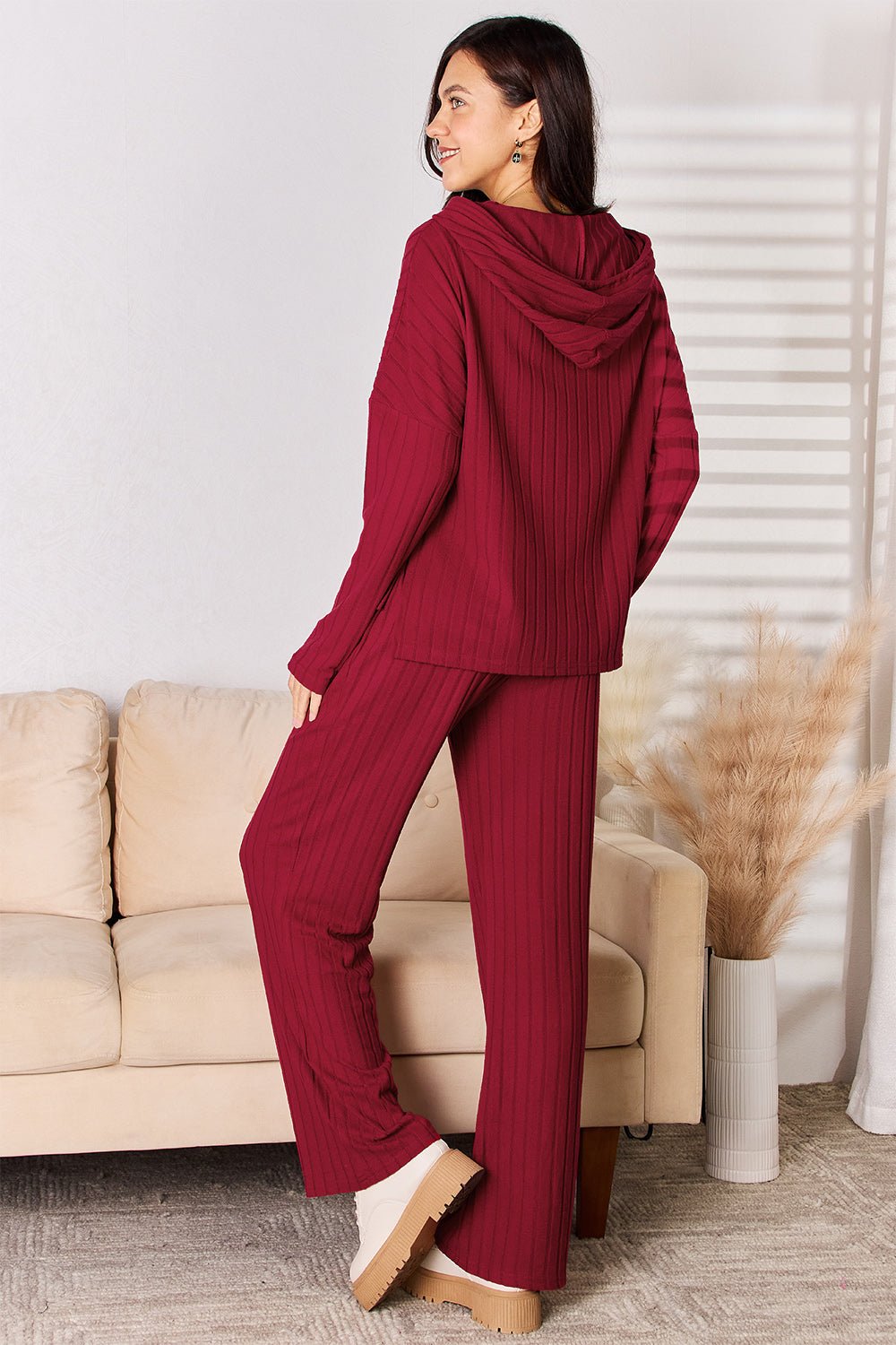 Ribbed Drawstring Hood Top and Straight Pants Set (All Sizes) - Lounge set - Deep Red - Bella Bourget