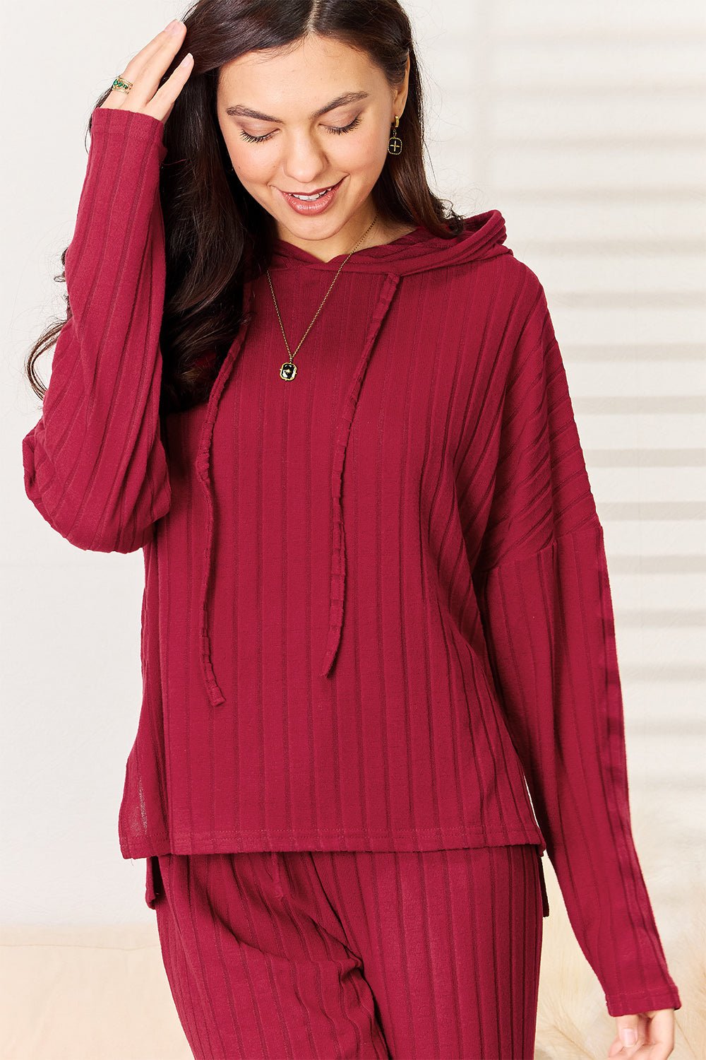 Ribbed Drawstring Hood Top and Straight Pants Set (All Sizes) - Lounge set - Deep Red - Bella Bourget