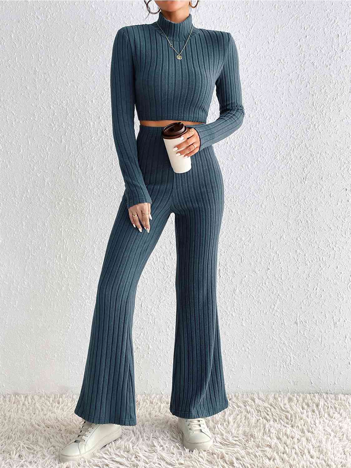 Ribbed Mock Neck Cropped Sweater & High Waist Pants Set - Loungewear Set - Peacock Blue - Bella Bourget