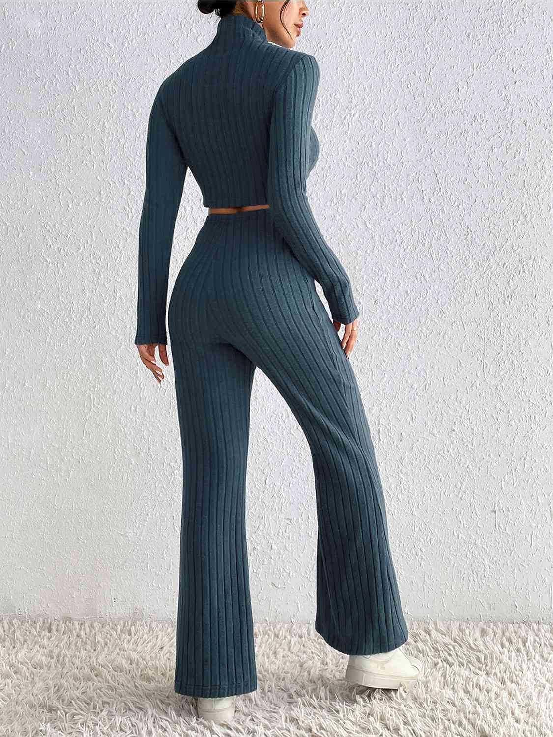 Ribbed Mock Neck Cropped Sweater & High Waist Pants Set - Loungewear Set - Peacock Blue - Bella Bourget