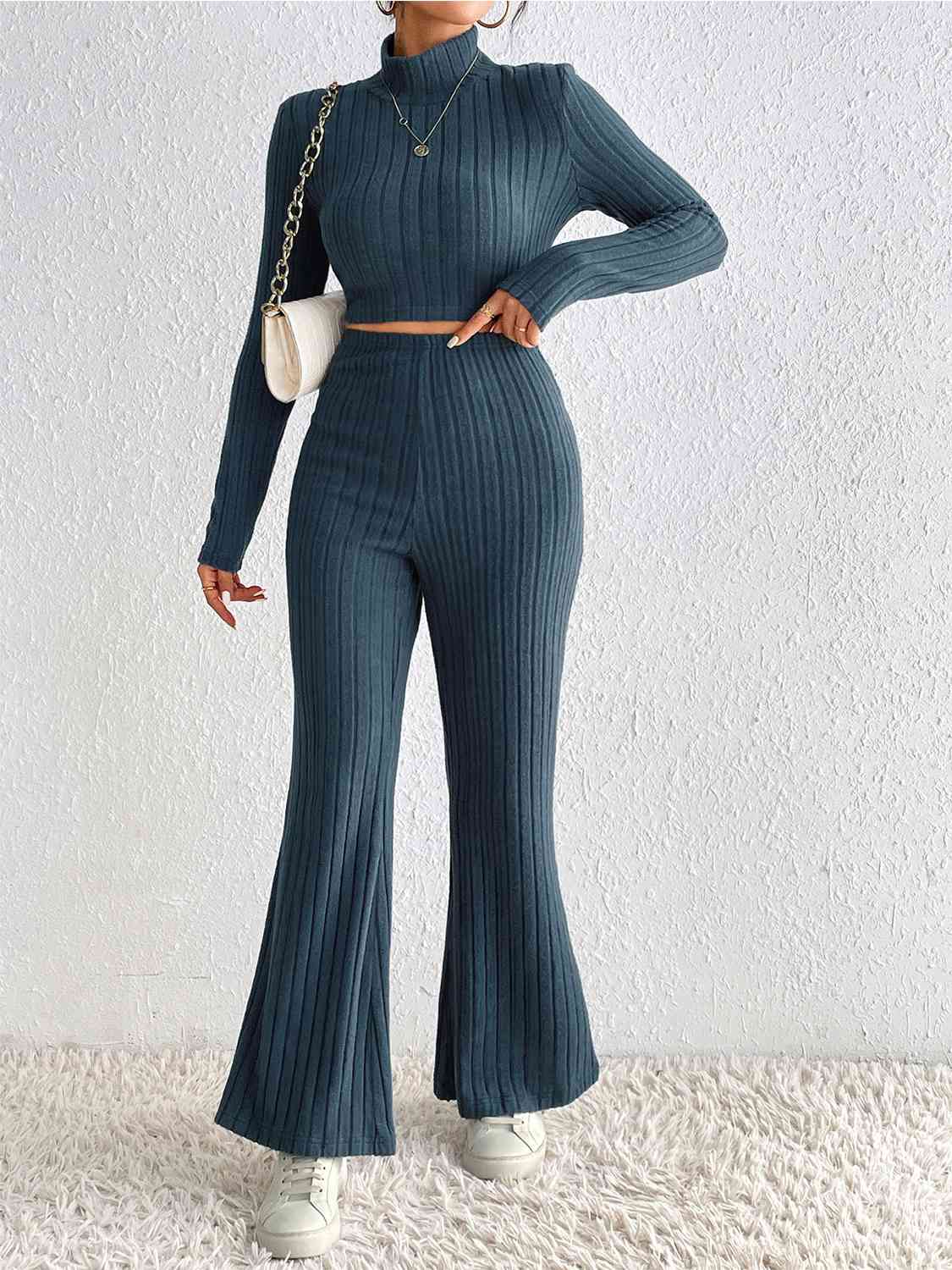 Ribbed Mock Neck Cropped Sweater & High Waist Pants Set - Loungewear Set - Peacock Blue - Bella Bourget