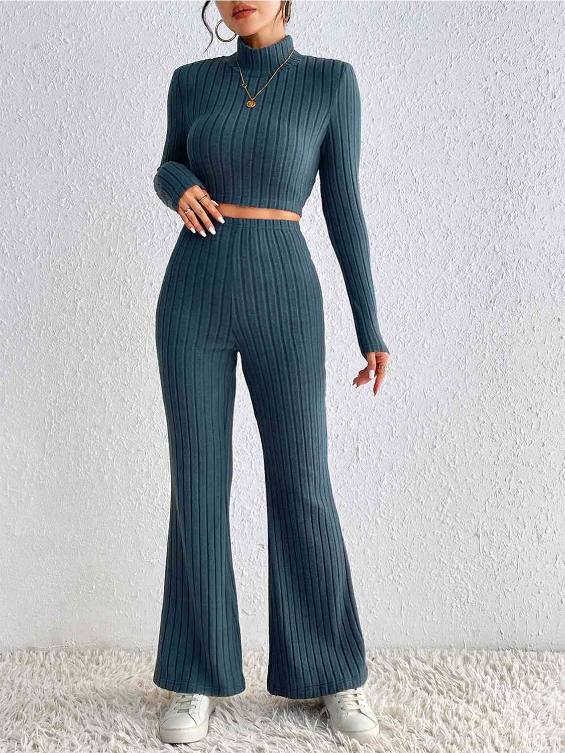 Ribbed Mock Neck Cropped Sweater & High Waist Pants Set - Loungewear Set - Peacock Blue - Bella Bourget