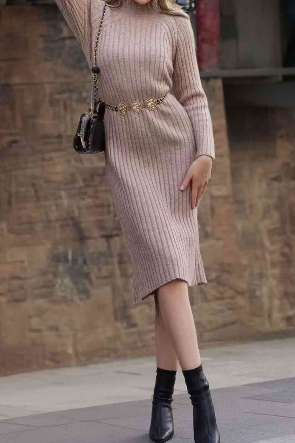 Ribbed Mock Neck Sweater Dress - Sweater Dress - Dust Storm - Bella Bourget