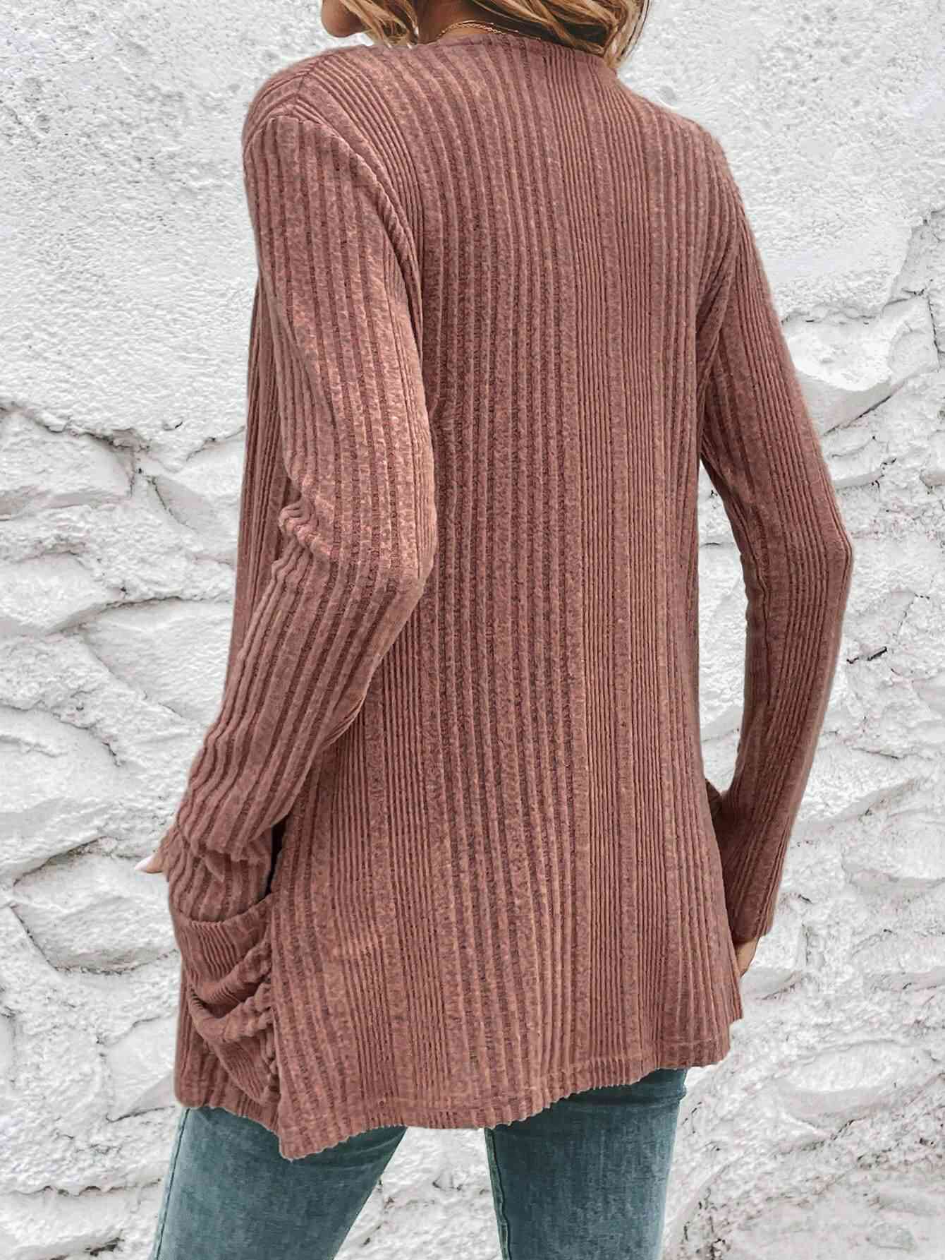 Ribbed Open Front Cardigan with Pockets - Cardigan - Light Mauve - Bella Bourget