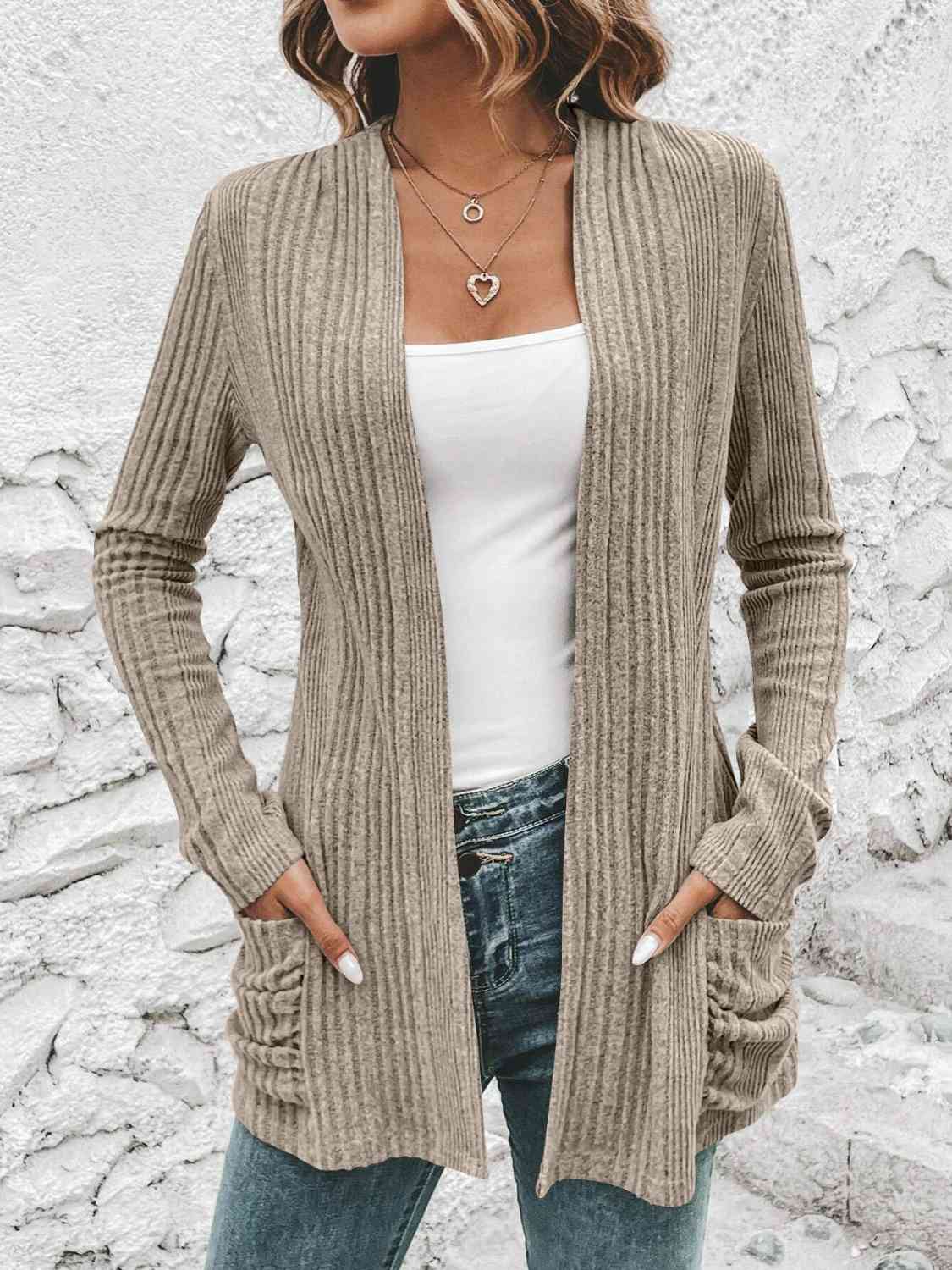 Ribbed Open Front Cardigan with Pockets - Cardigan - Beige - Bella Bourget