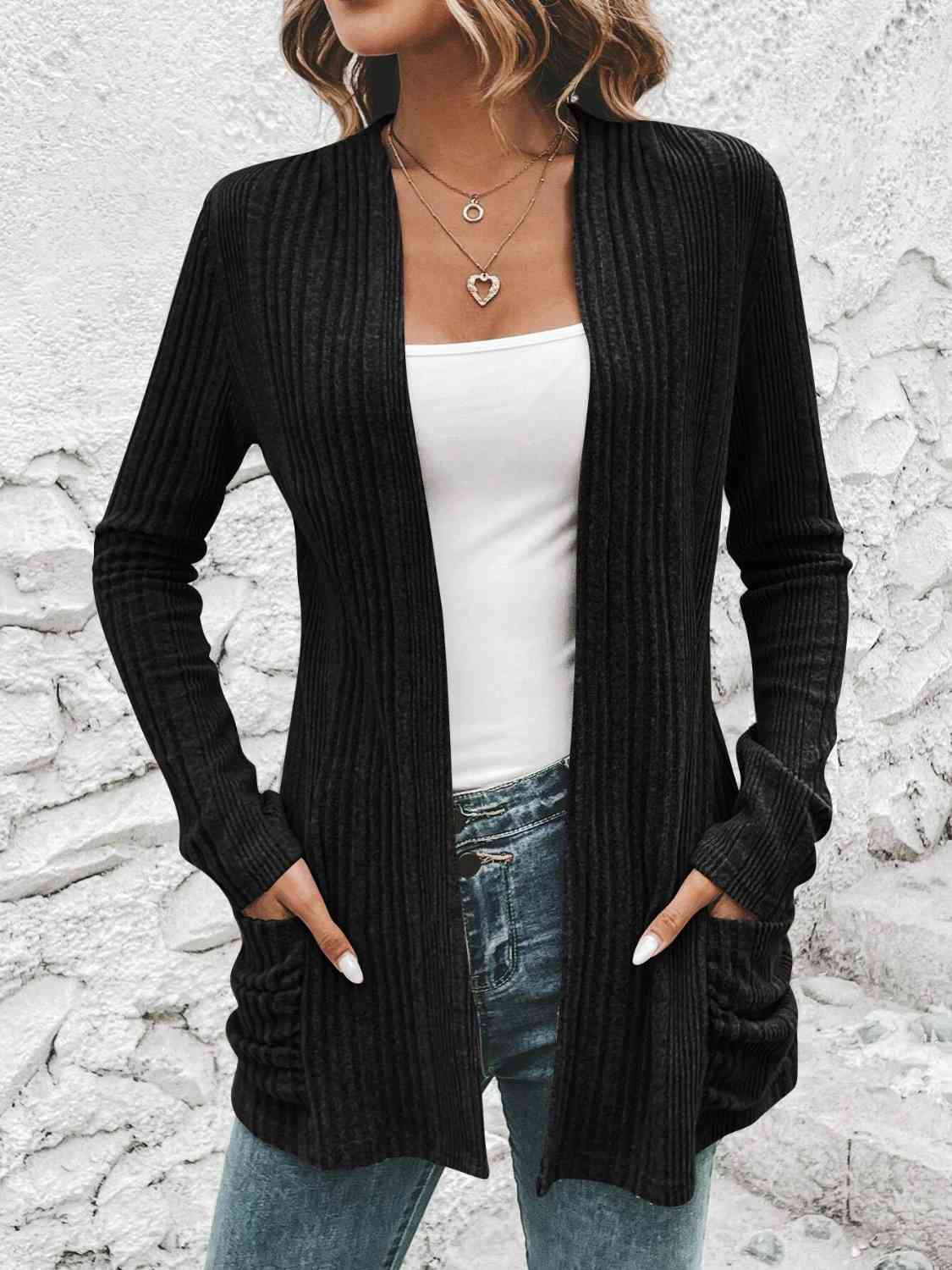 Ribbed Open Front Cardigan with Pockets - Cardigan - Black - Bella Bourget