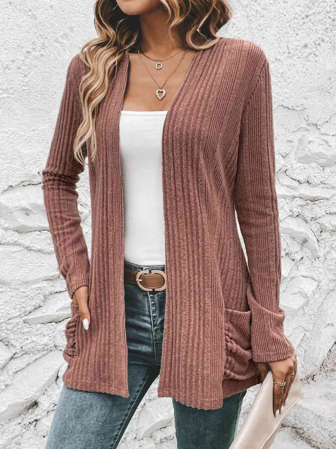 Ribbed Open Front Cardigan with Pockets - Cardigan - Light Mauve - Bella Bourget