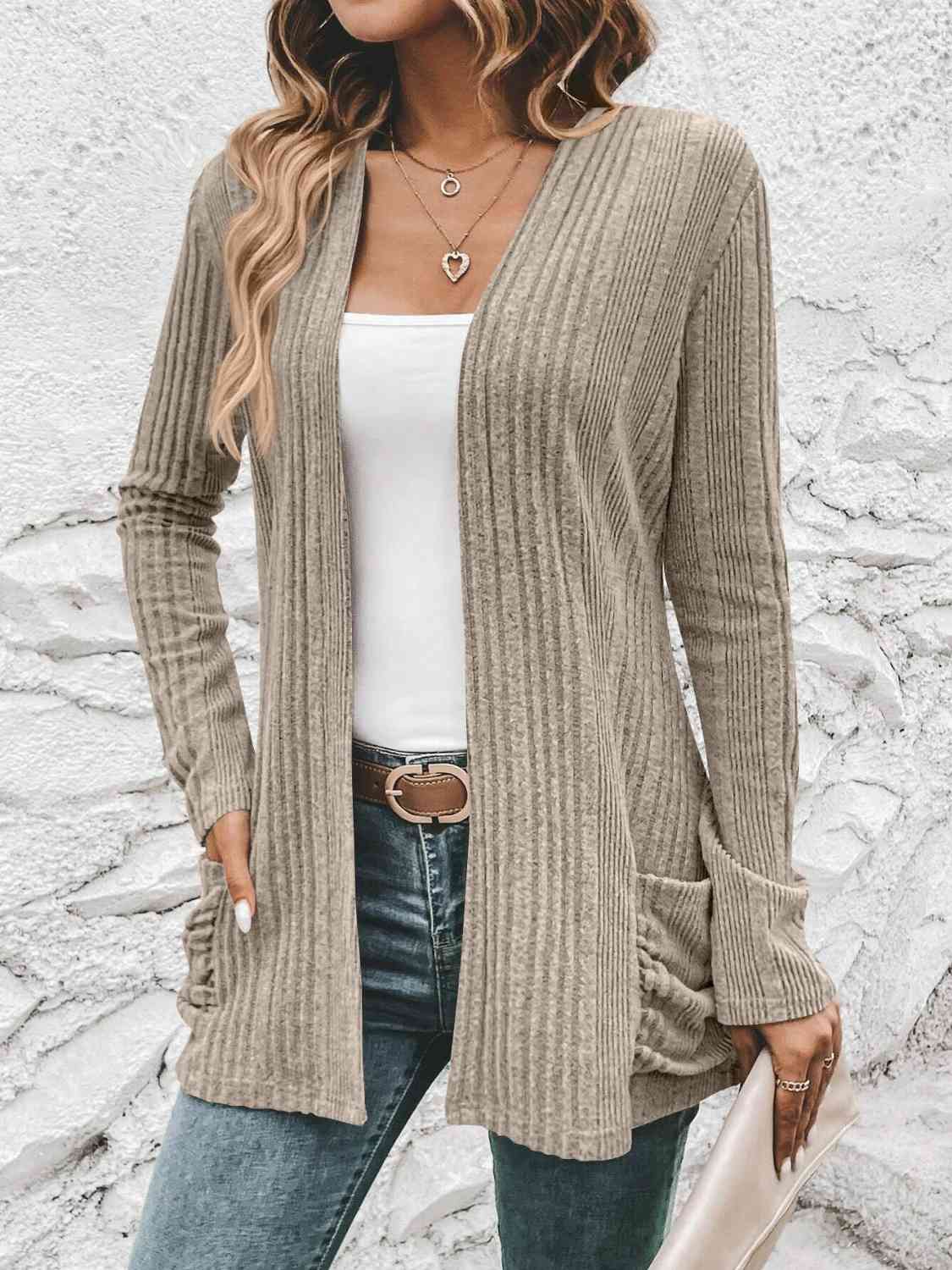 Ribbed Open Front Cardigan with Pockets - Cardigan - Beige - Bella Bourget