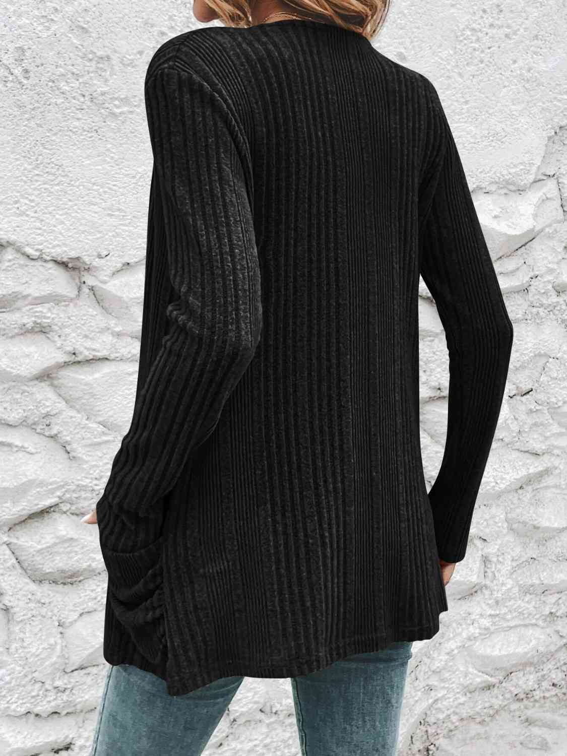 Ribbed Open Front Cardigan with Pockets - Cardigan - Black - Bella Bourget