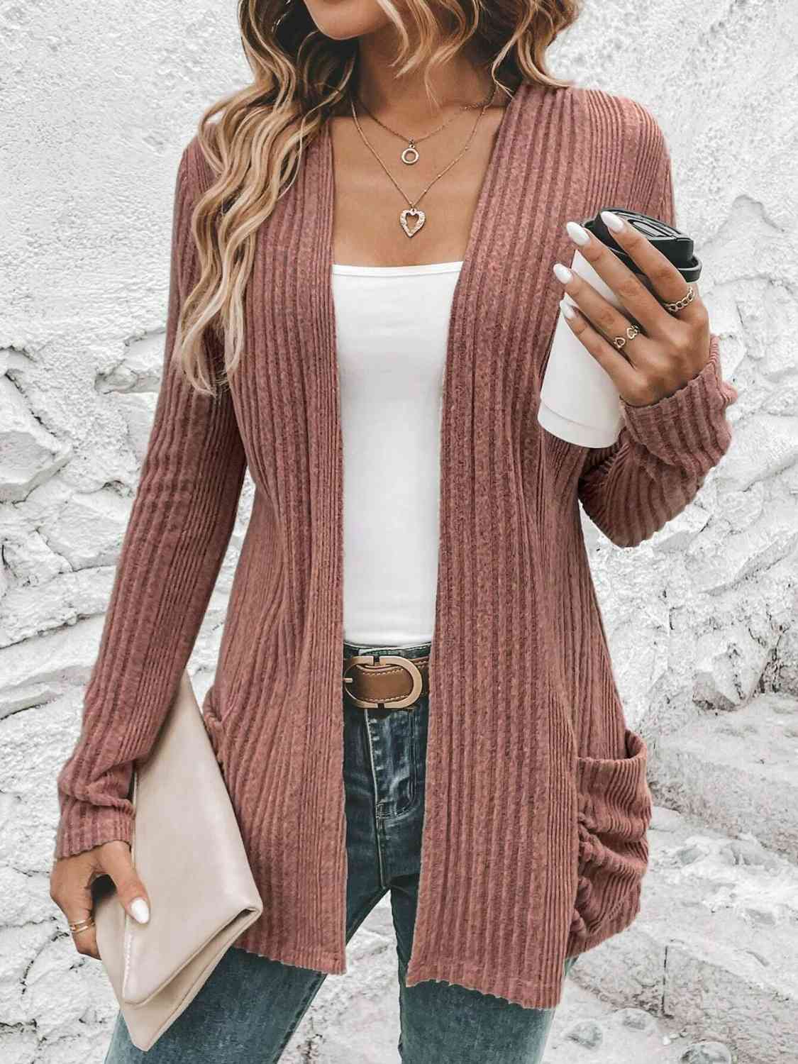 Ribbed Open Front Cardigan with Pockets - Cardigan - Light Mauve - Bella Bourget