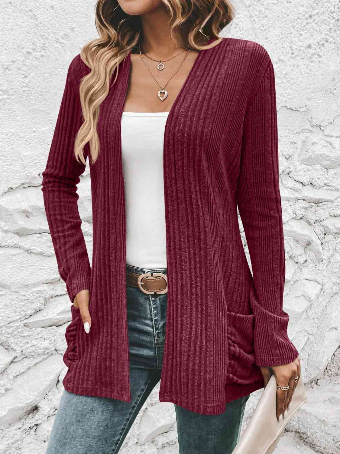 Ribbed Open Front Cardigan with Pockets - Cardigan - Wine - Bella Bourget