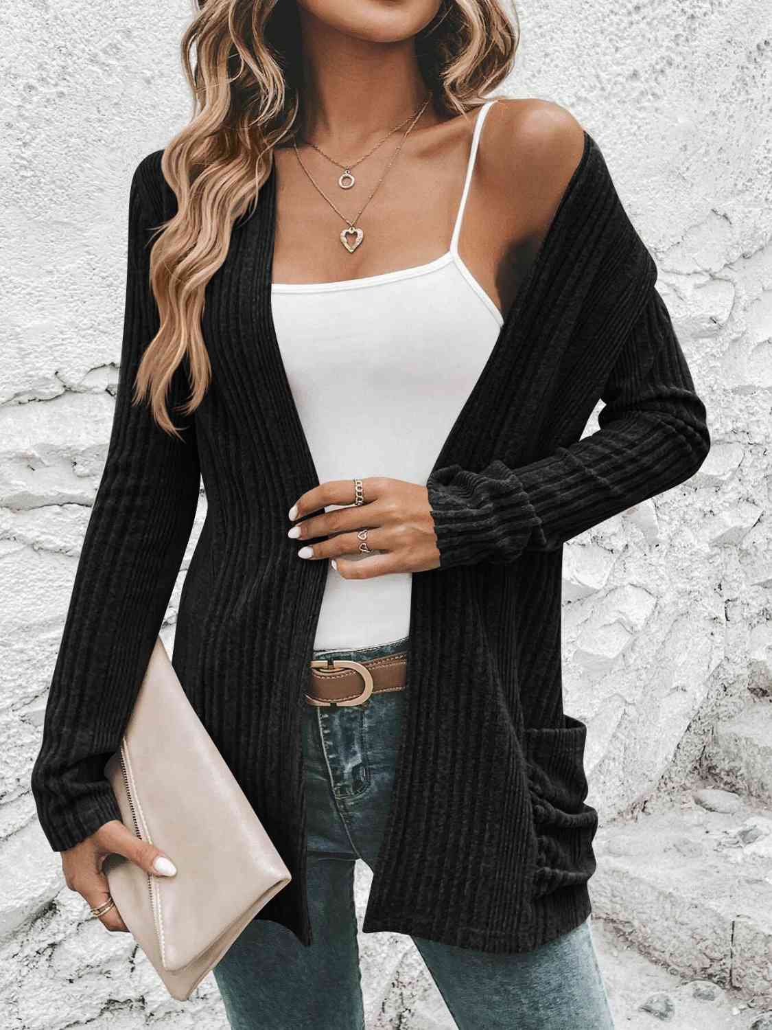 Ribbed Open Front Cardigan with Pockets - Cardigan - Black - Bella Bourget