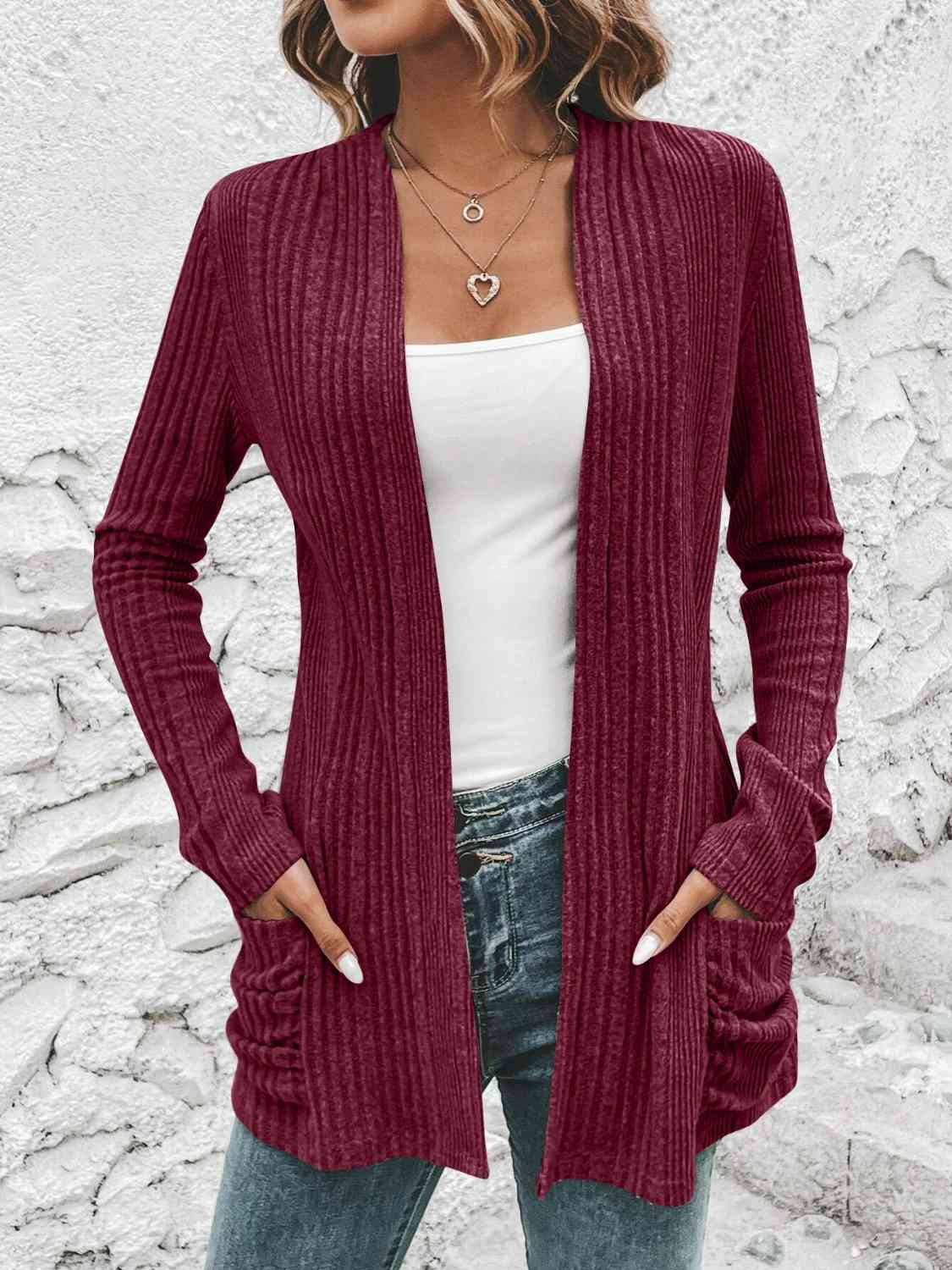 Ribbed Open Front Cardigan with Pockets - Cardigan - Wine - Bella Bourget