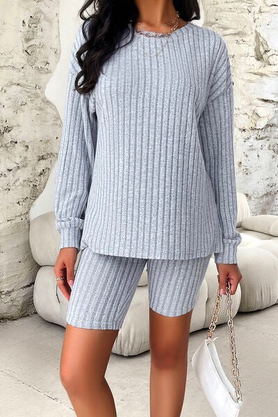 Ribbed Round Neck Dropped Shoulder Top and Shorts Loungewear Set - Loungewear Set - Light Gray - Bella Bourget