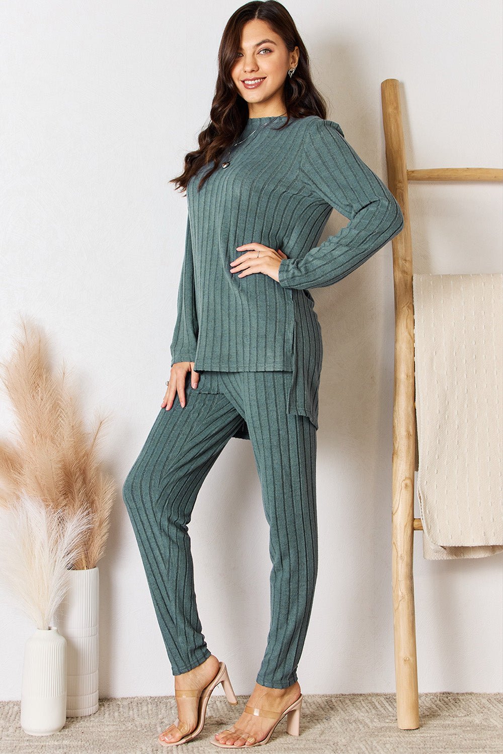 Ribbed Round Neck High - Low Slit Top and Pants Set - Lounge set - Teal - Bella Bourget