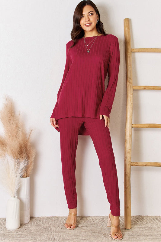 Ribbed Round Neck High - Low Slit Top and Pants Set - Lounge set - Deep Red - Bella Bourget