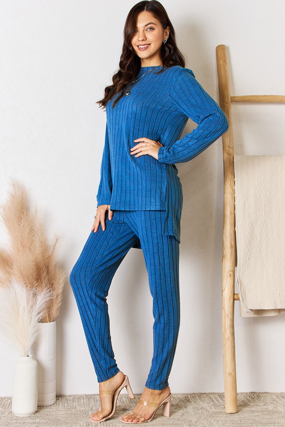 Ribbed Round Neck High - Low Slit Top and Pants Set - Lounge set - Royal Blue - Bella Bourget