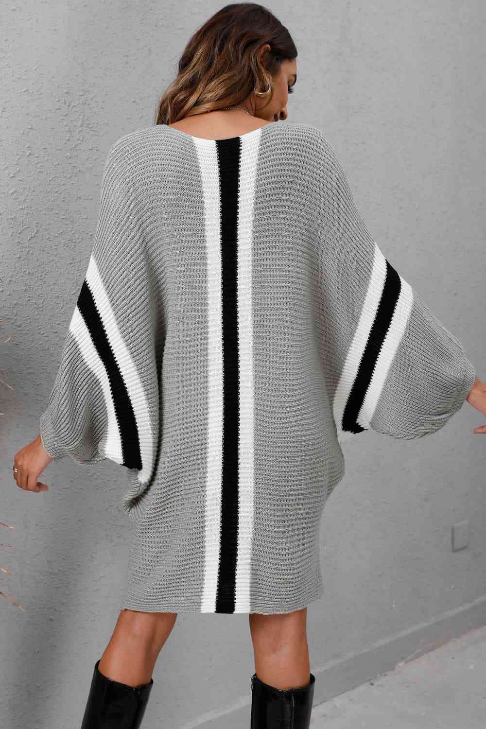 Ribbed Round Neck Long Sleeve Sweater Dress - Sweater Dress - Light Gray - Bella Bourget