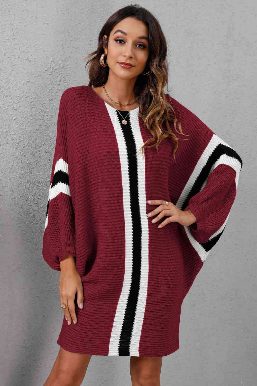 Ribbed Round Neck Long Sleeve Sweater Dress - Sweater Dress - Wine - Bella Bourget