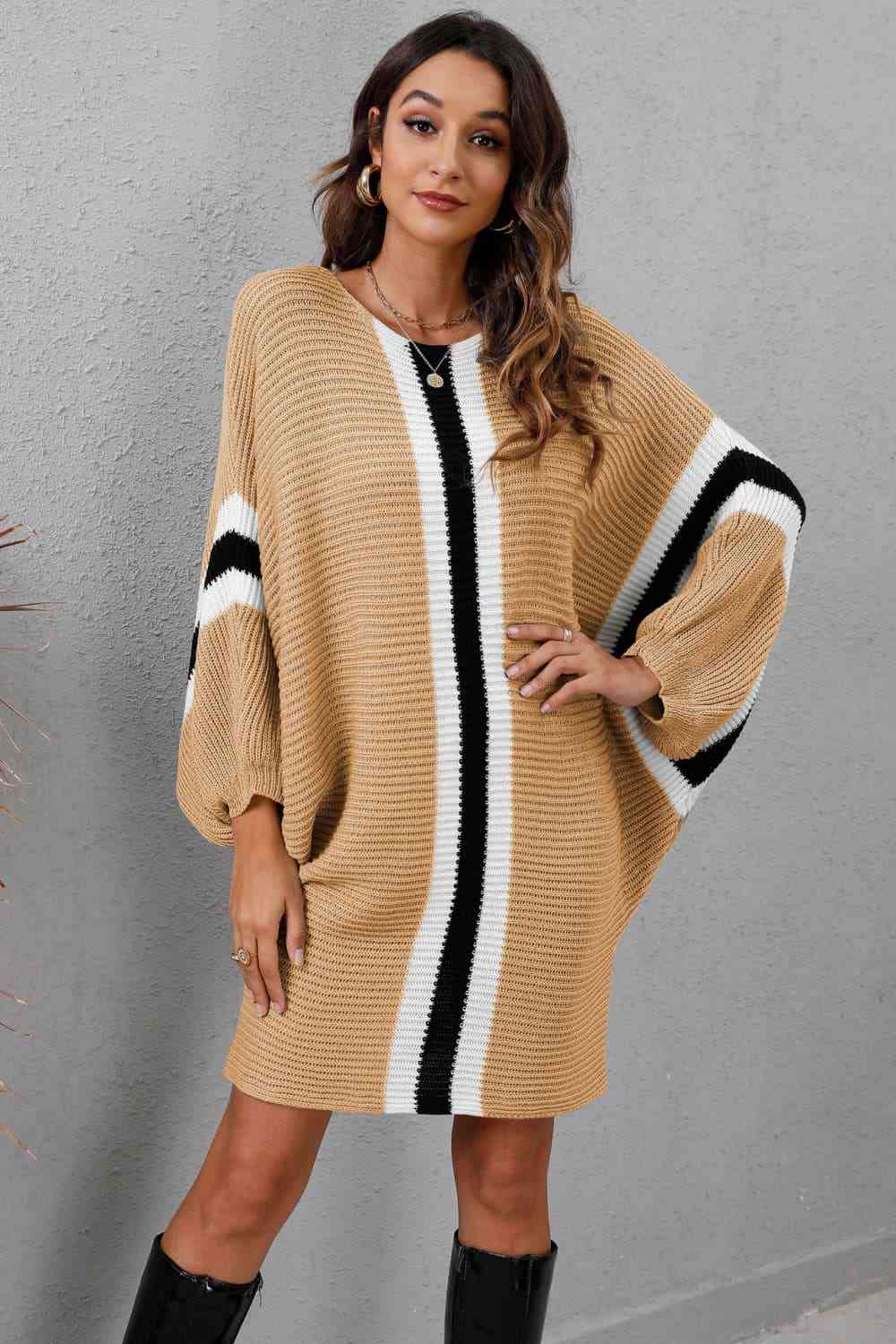 Ribbed Round Neck Long Sleeve Sweater Dress - Sweater Dress - Tan - Bella Bourget