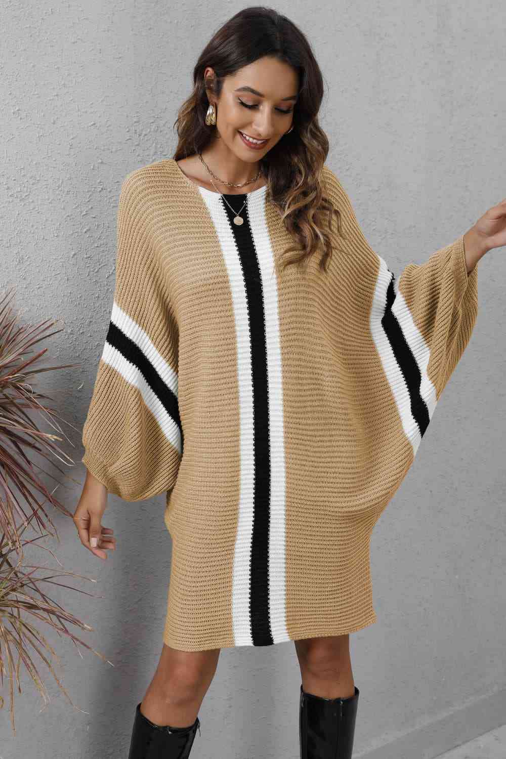 Ribbed Round Neck Long Sleeve Sweater Dress - Sweater Dress - Tan - Bella Bourget